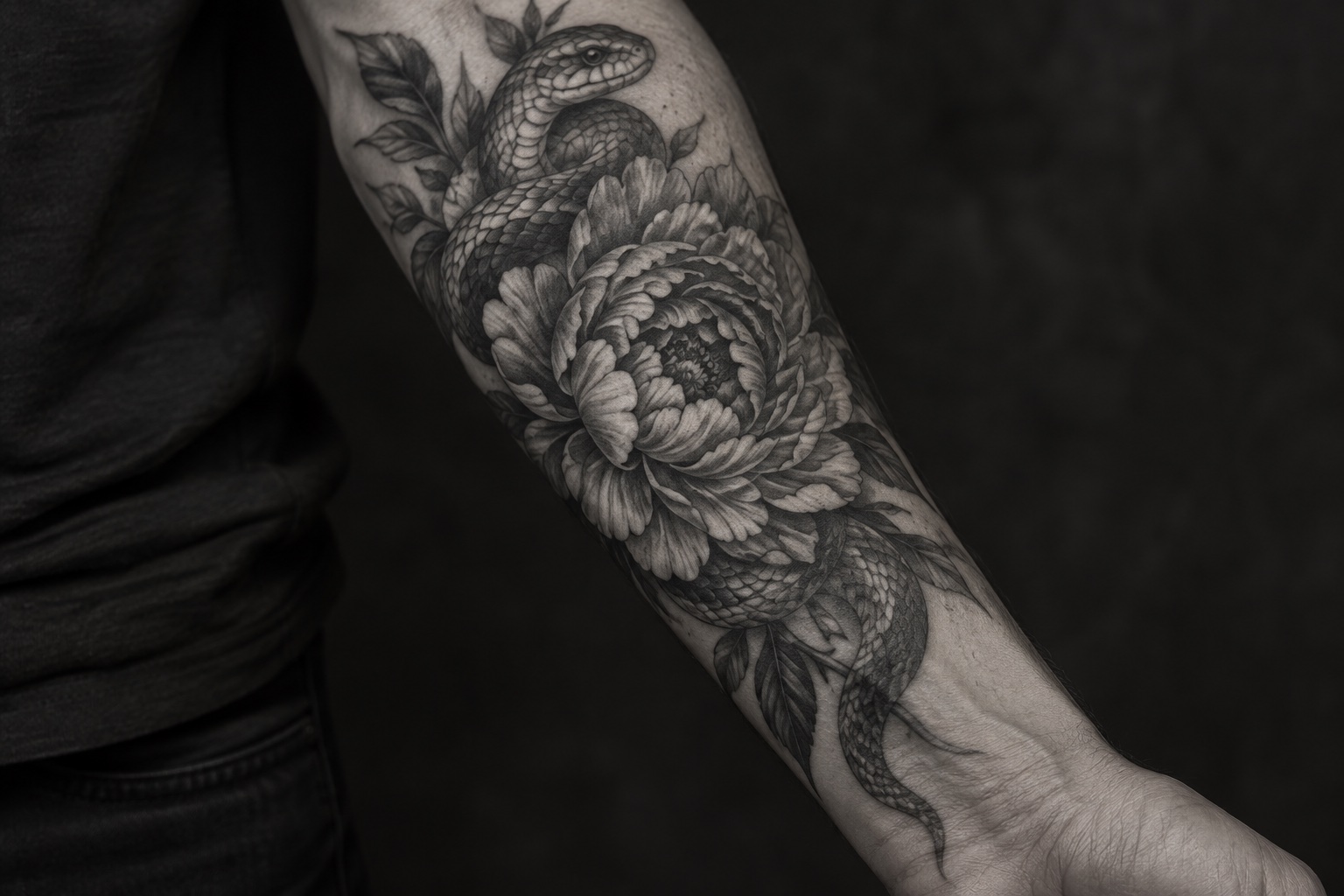 Detailed black and grey peony and snake tattoo on a forearm
