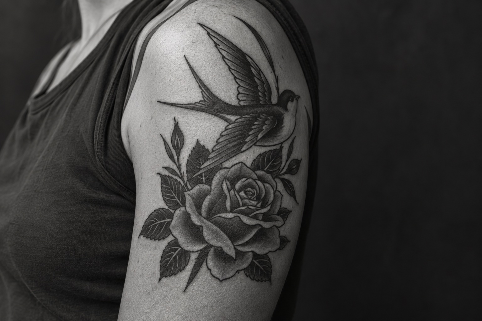 Traditional rose and swallow tattoo photographed in black and white