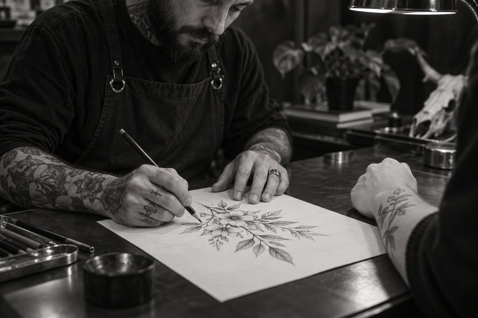 Tattoo design being sketched during a consultation