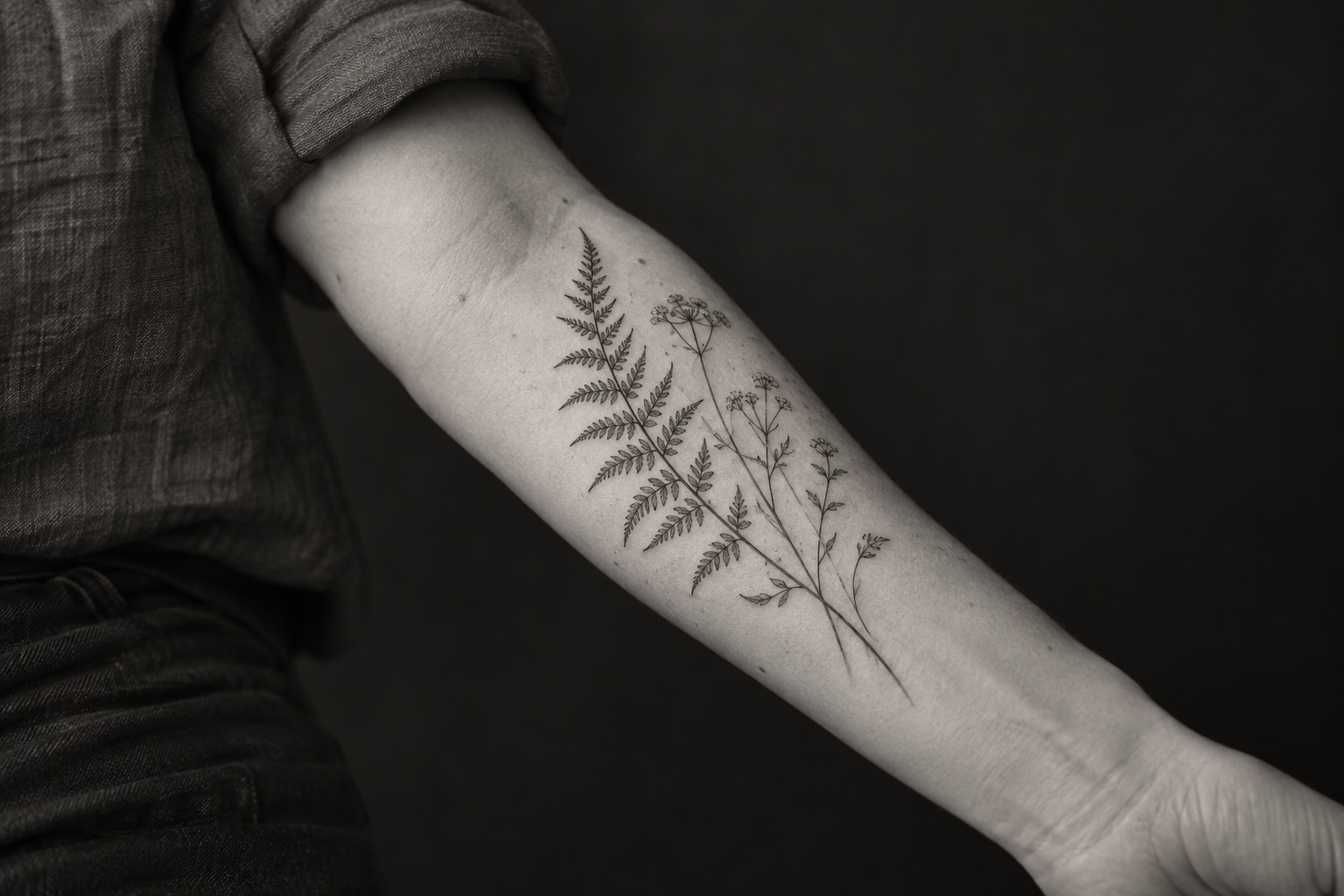 Delicate fineline fern and wildflower tattoo on an adult forearm