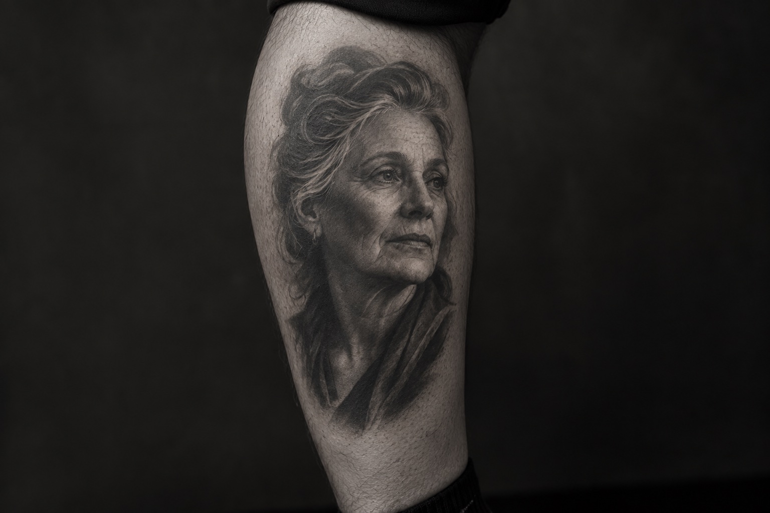 Realistic black and grey portrait tattoo on an adult calf