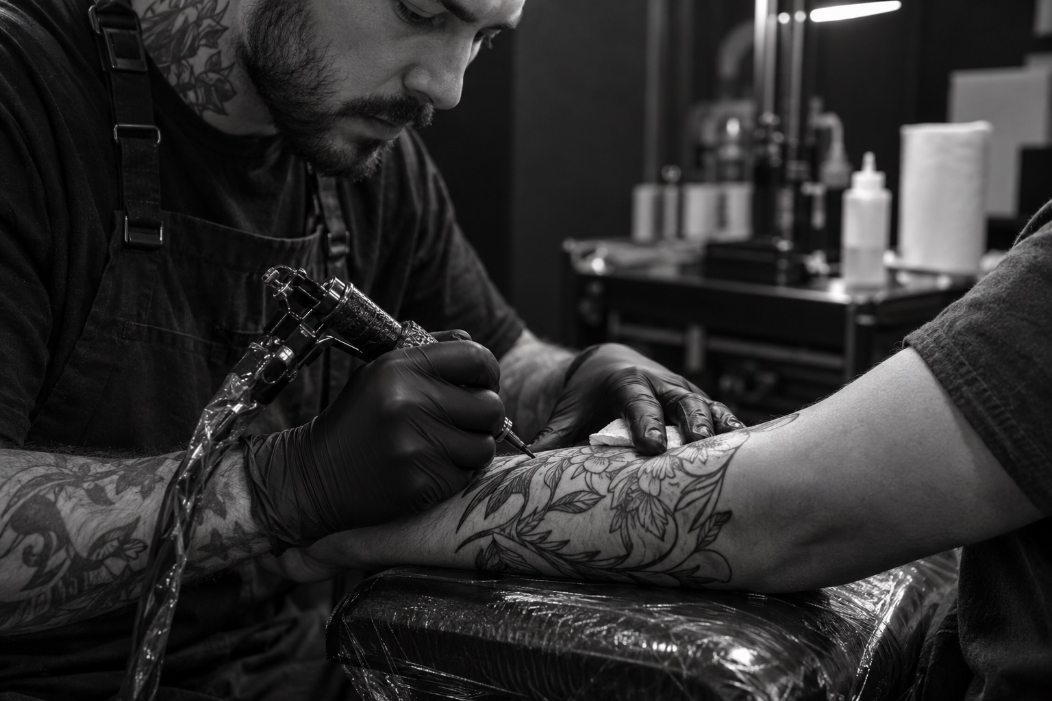 Gloved tattoo artist working carefully on an adult forearm