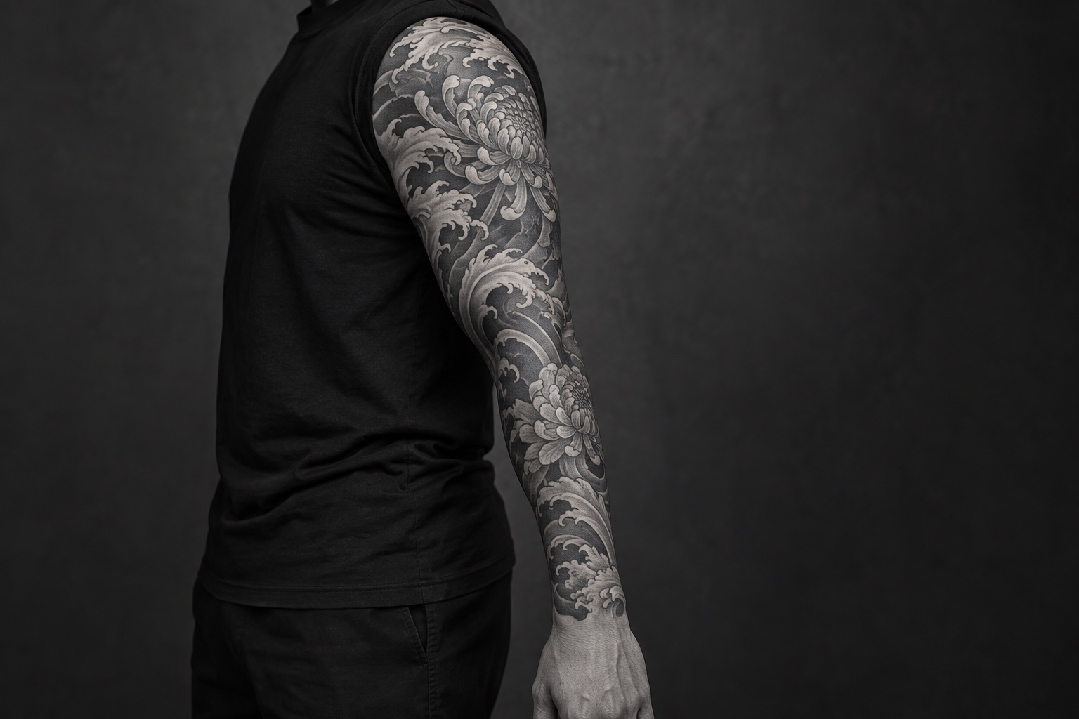 Full wave and chrysanthemum tattoo sleeve on an adult arm
